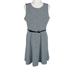 George Pastel Blue and Black Striped A-Line Belted Dress, Size 12-14